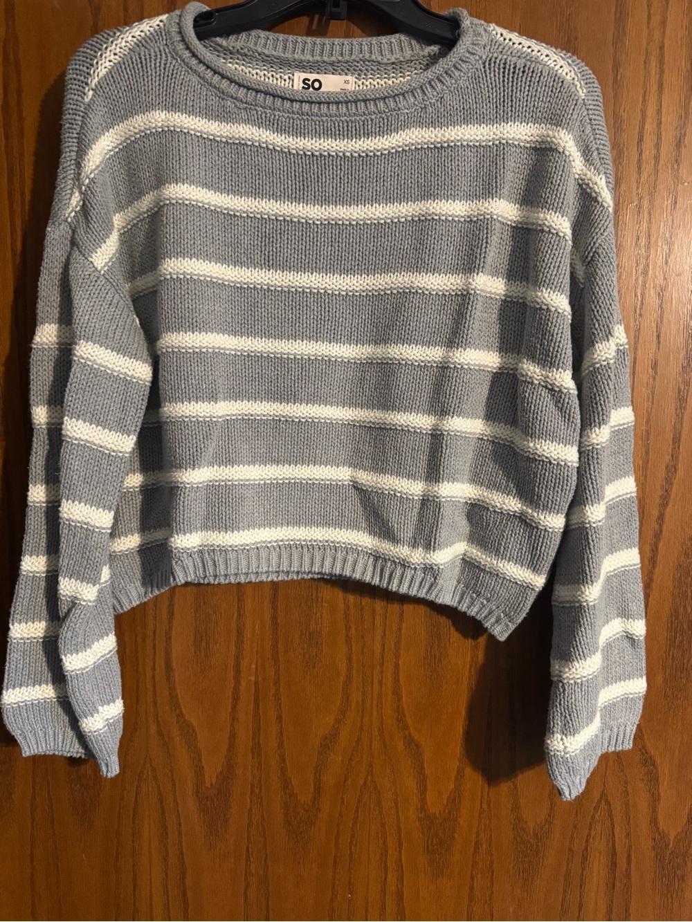 SO Gray and White Striped Cropped Crewneck Sweater